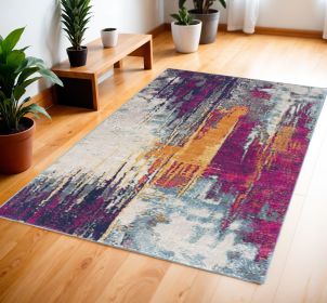 4' X 6' Gray Ivory And Magenta Abstract Area Rug