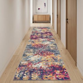 13' Blue And Gold Abstract Runner Rug
