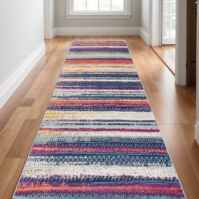 10' Blue And Ivory Striped Runner Rug