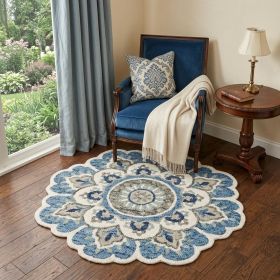 4' Blue and Cream Round Wool Floral Medallion Hand Tufted Area Rug