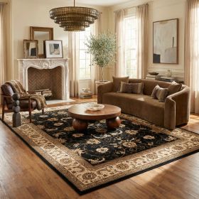 5' X 8' Black and Ivory Oriental Power Loom Area Rug