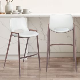 Set of Two 29" White And Brown Steel Low Back Bar Height Bar Chairs