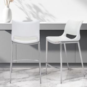 Set of Two 25" White And Silver Steel Low Back Counter Height Bar Chairs