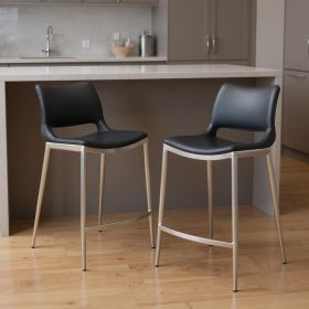 Set of Two 25" Black And Silver Faux Leather And Steel Low Back Counter Height Bar Chairs
