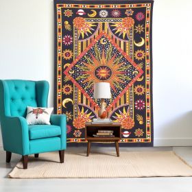 80" X 56" Black Red And Yellow Cotton Star and Sunburst Hanging Tapestry