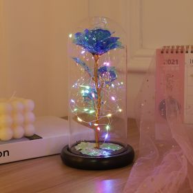 Illuminated Rainbow Rose in Glass Dome Decorative Display (Color: Blue)