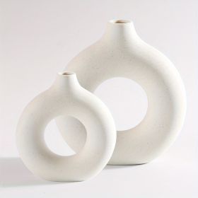 Modern White Ceramic Donut Shaped Decorative Vase (Color: Beige, size: Small + Large Vase)