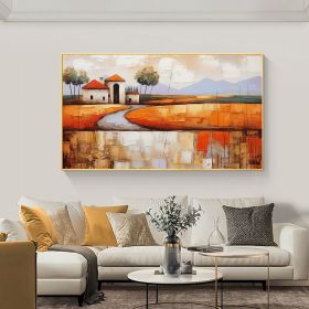 Hand Painted Oil Painting Abstract Village Oil Painting on Canvas Large Wall Art Original Minimalist Orange Landscape Art Custom Painting Boho Li (Style: 01, size: 60x120cm)