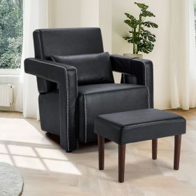 Modern Berber Fleece Accent Chair with Ottoman and Waist Pillow for Living Room (Color: Black)