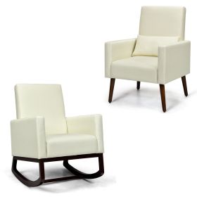 2-in-1 Fabric Upholstered Rocking Chair with Waist Pillow (Color: Beige)