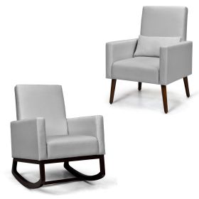 2-in-1 Fabric Upholstered Rocking Chair with Waist Pillow (Color: Light Gray)