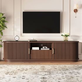 Vintage Rustic TV Stand with Sliding Wood Slatted Doors for TVs up to 75", Farmhouse Fluted TV Cabinet with Drawer (Color: Walnut)